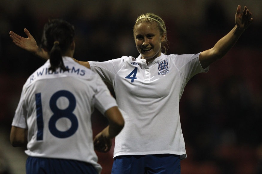 Steph Houghton celebrates her goal against Slovenia with Rachel Williams.